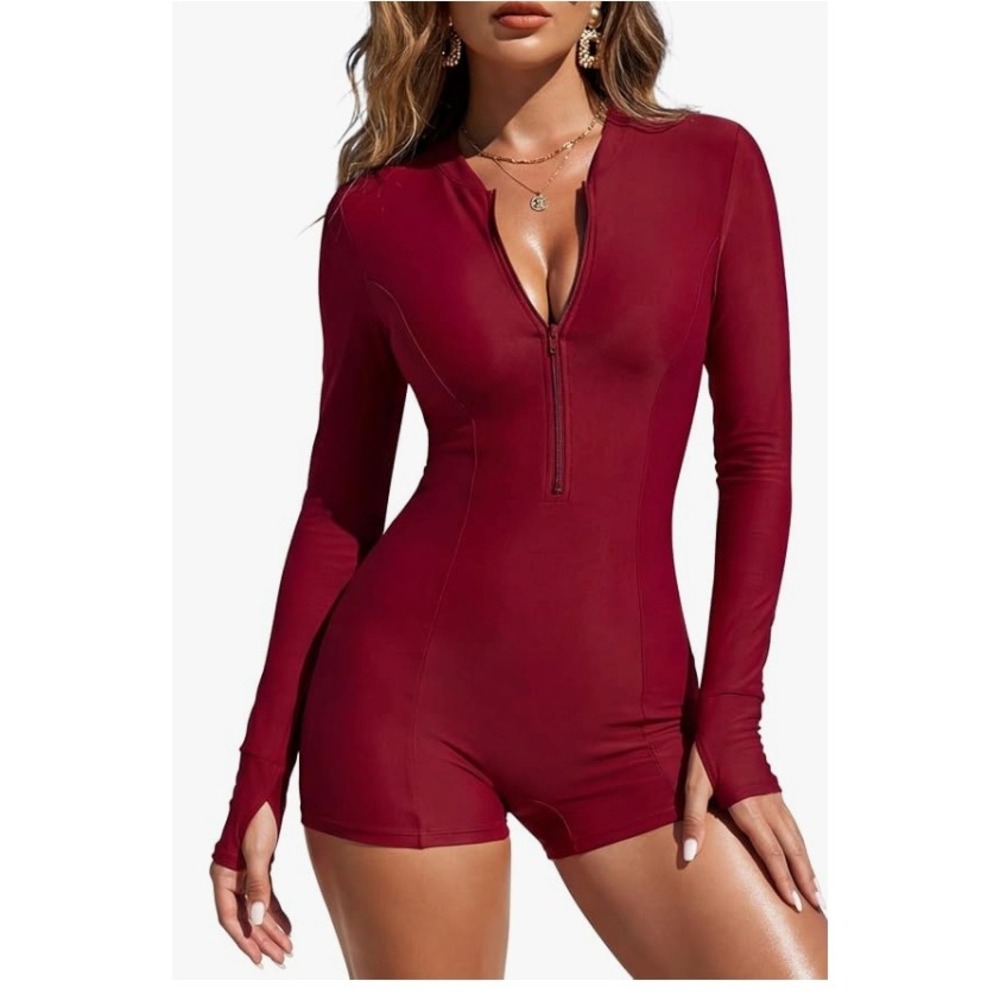 Ocean Blues Womens Long Sleeve Zip Front Romper Swimsuit Burgundy Red Size M NWT